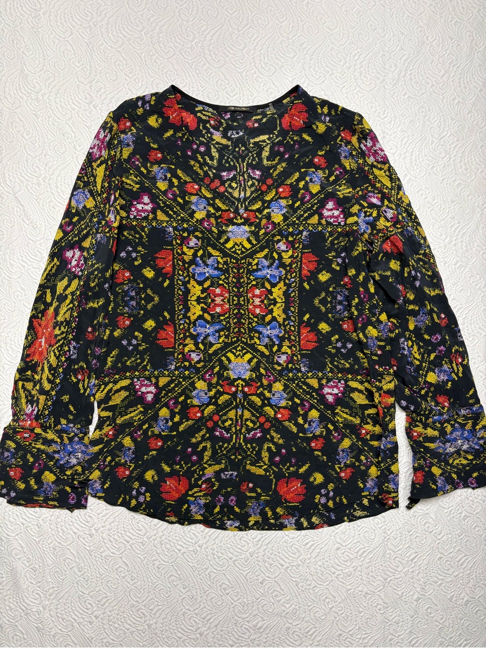 Kobi Halperin Black Silk Floral Print Top with Yellow, Red and Purple Accents